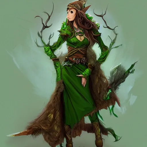 Prompt: elf druid with messy brown hair, green cloak, freckles, character art, trending on artstation,