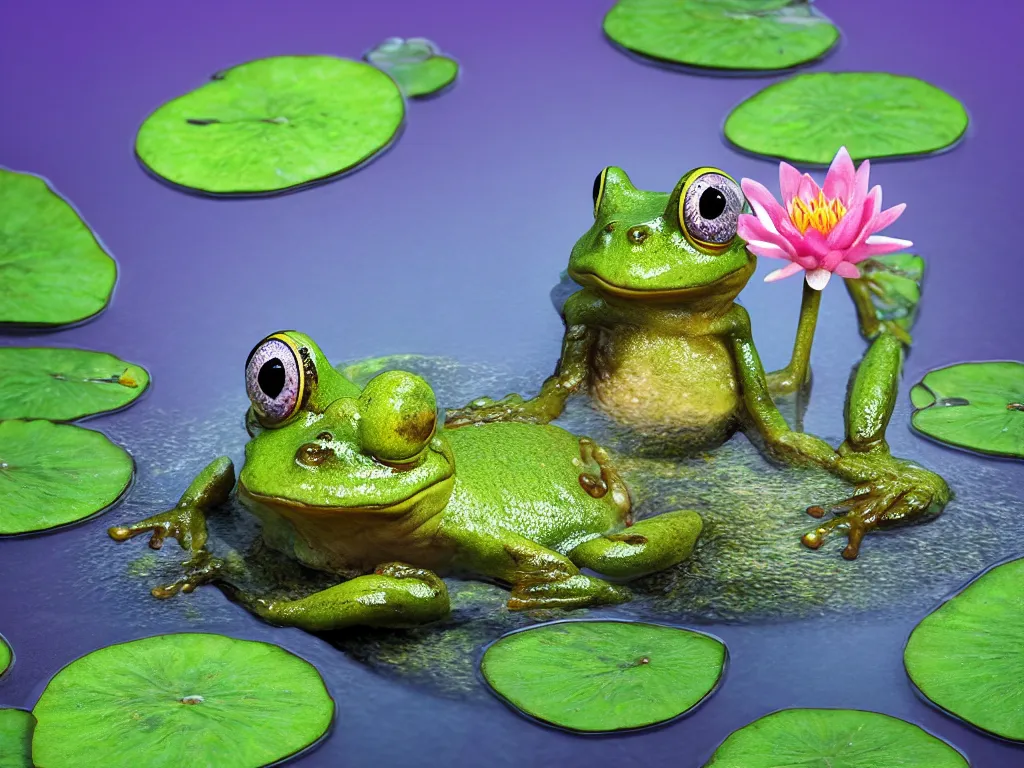 Image similar to frog cute character in water with water lily fireflies around, cute big eyes with details in body, vegetation, water, flying shot, portrait, full shot, symmetrical, frontal, rim light, pixar, octane render, digital art