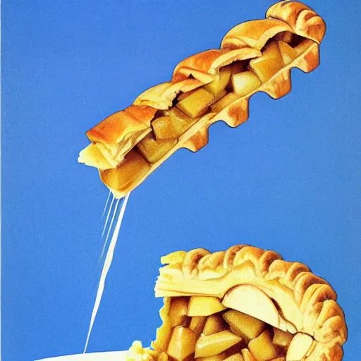 Image similar to 1 thick slice of apple pie floating on a blue background, chesley bonestell, vincent di fate