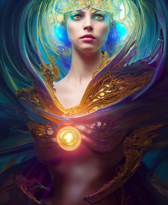 Image similar to a whirlwind of souls rushing inside the metaverse, half body, glowin eyes, tiara with sapphire, pharaoh, android, cyberpunk, d & d, fantasy, intricate, elegant, highly detailed, colorful, vivid color, digital painting, artstation, concept art, art by artgerm and greg rutkowski and alphonse mucha and ruan jia