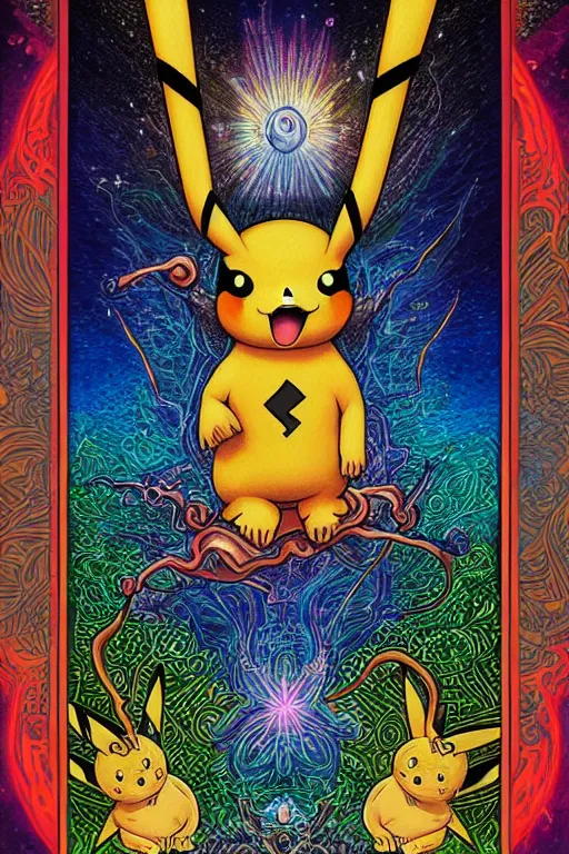 Prompt: beautiful tarot card of pikachu by dan mumford and carol bak and alex grey, oil on canvas, intricate, symmetrical, portrait, 8k highly professionally detailed, HDR, CGsociety