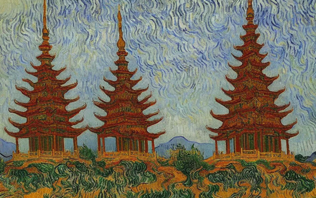 Prompt: twin ornate chinese buddhist pagodas in a beautiful chinese landscape by vincent van gogh