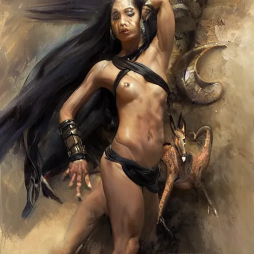 Image similar to nagas, female, long, black scales, chest coverd, cinematographic shot, by daniel f. gerhartz