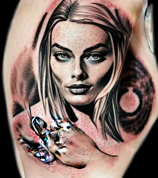 Image similar to mash up tattoo design sketch of margot robbie and beautiful mountain scenery, in the style of arlo dicristina, surrealist, amazing detail, sharp