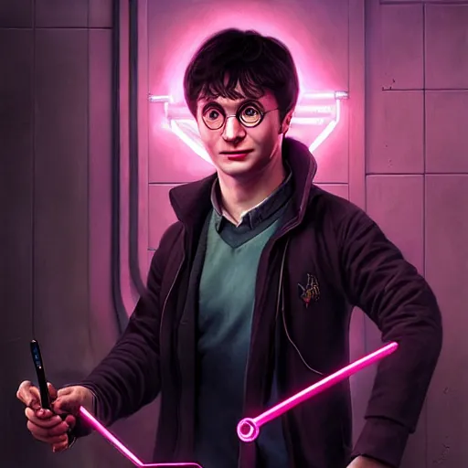Prompt: portrait of Harry Potter with implants in cyberpunk, neon lighting, holding laser wand, digital art from artstation by Ruan Jia and Mandy Jurgens and Artgerm and william-adolphe bouguereau and Greg Rutkowski and Wayne Barlowe