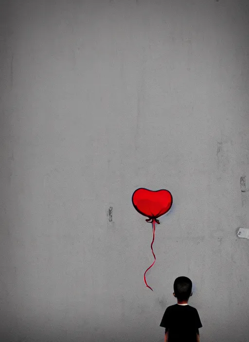 Image similar to a side profile of a boy letting go of a single red balloon on a concrete background in the style of Banksy, graffiti, digital art