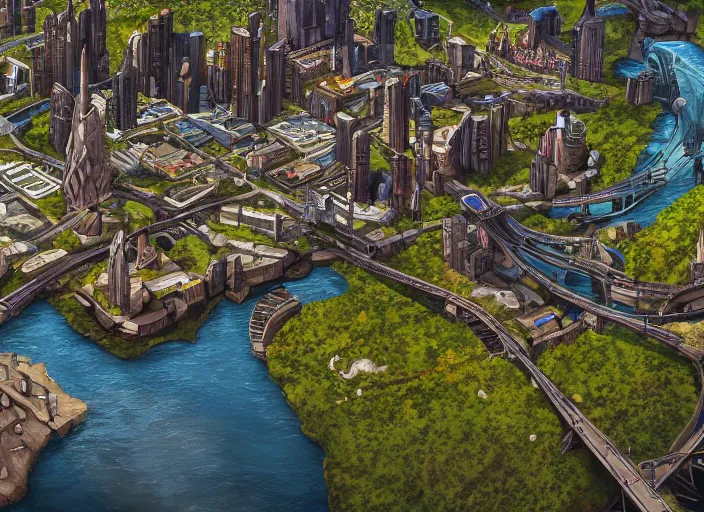 Image similar to wide shot, establishing shot of a modern day dungeons and dragons city with a river, trending on artstation, digital art, 4 k, 8 k