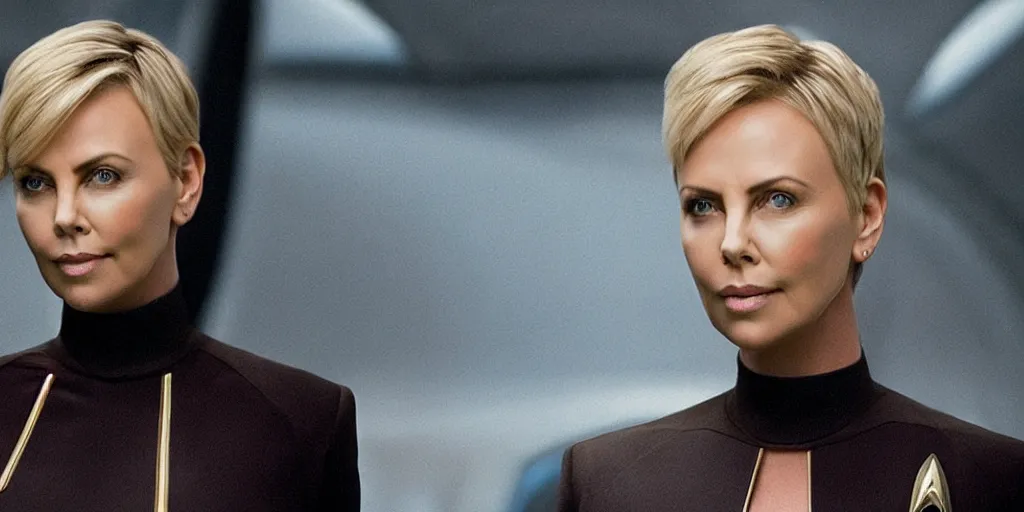 Prompt: Charlize Theron is the captain of the starship Enterprise in the new Star Trek movie