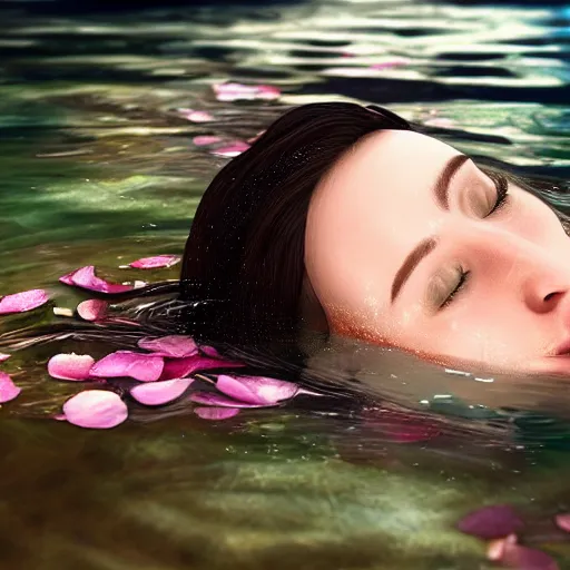 Image similar to epic portrait of a girls face laying in water, surrounded by loose petals, beautiful, high detail, unreal engine, realistic