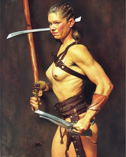 Image similar to portrait of a savage muscular barbarian female with light leather armor, by norman rockwell