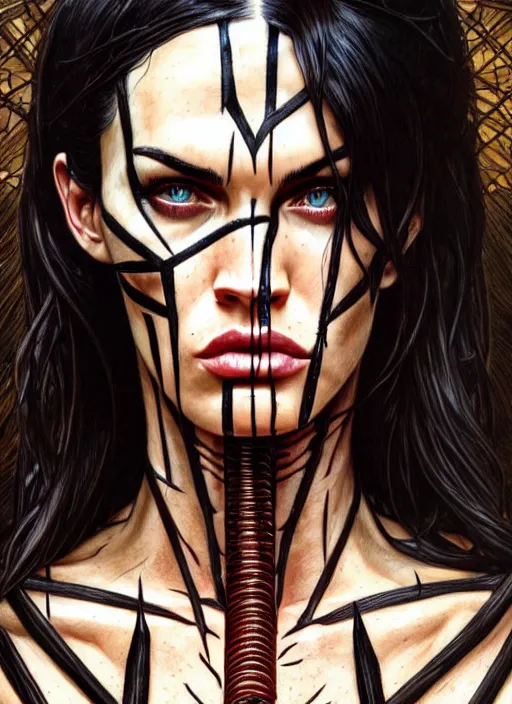 Prompt: portrait of megan fox as pinhead, bald, hellraiser, xenobite, hell, intricate, headshot, highly detailed, digital painting, artstation, concept art, sharp focus, cinematic lighting, illustration, art by artgerm and greg rutkowski, alphonse mucha, cgsociety