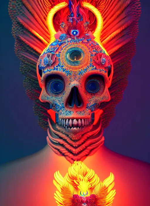 Image similar to 3 d goddess portrait, 8 k micro details global illumiantion beautiful intricate highly detailed quetzalcoatl skull and feathers. bioluminescent, fire, snow, water, wind, creature, thunderstorm! artwork by tooth wu and wlop and beeple and greg rutkowski, trending on artstation,