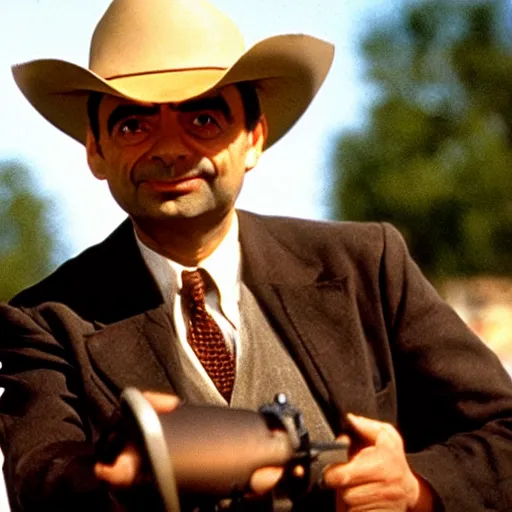 Prompt: an film still of Mr bean, cowboy movie