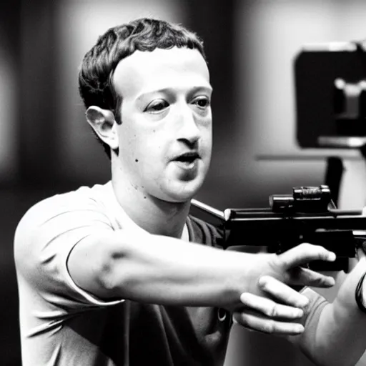 Image similar to cctv footage of mark zuckerberg holding a shotgun in a bank