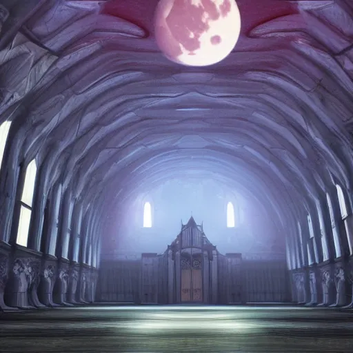 Image similar to large gothic hall with large moon on the ceiling, cyber space, soft light, artstation, detailed, colorfull