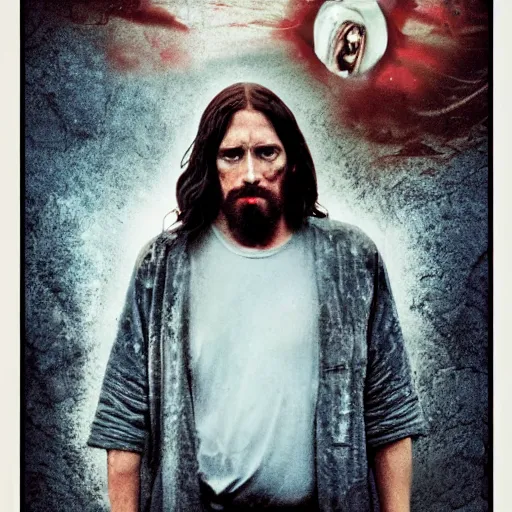 Prompt: jesus christ, chain saw, cloudy day, horror film poster