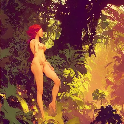 Image similar to beautiful jungle, dappled light, intricate, elegant, highly detailed, greg manchess, mucha, liepke, ruan jia, jeffrey catherine jones, ridley scott