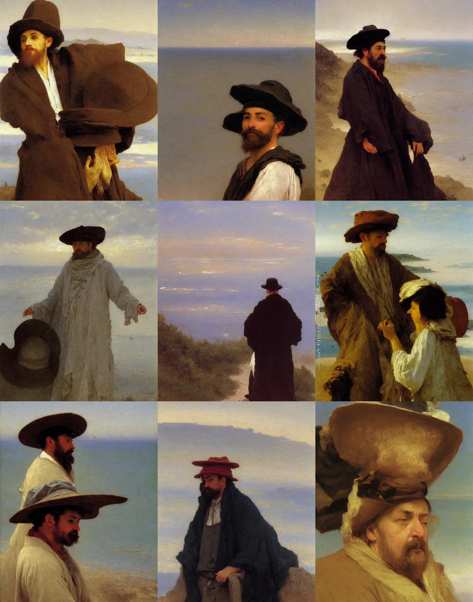 Prompt: high detail high quality painting portrait of wise man with a large hat contemplating at the coast with fog by bouguereau and ilya repin