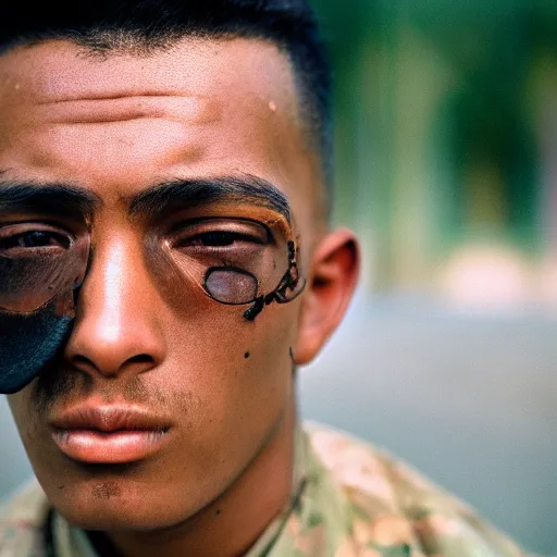 Image similar to Detailed portrait of a jarhead. CineStill.