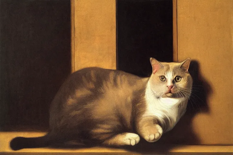 Prompt: portait of a fat cat watching in a window, by caravaggio and rembrandt and artemisia gentileschi, masterpiece, high resolution, very detailed, oil on canvas, trending on artstation