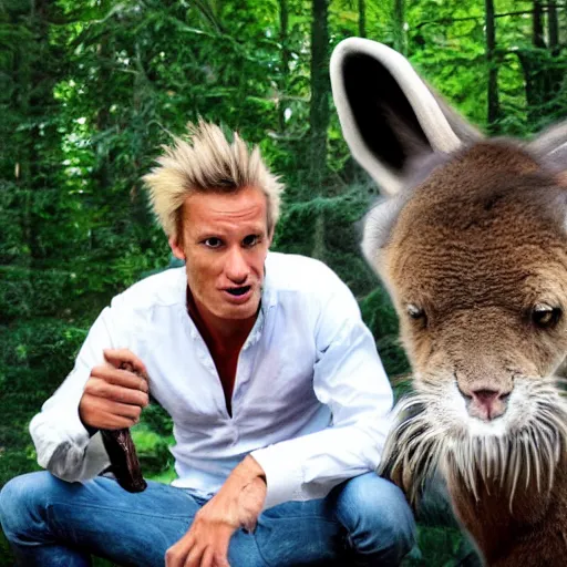 Prompt: Petter Stordalen eating an extinct animal