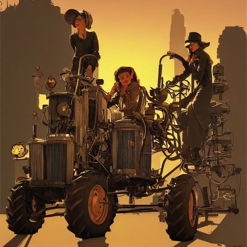 Image similar to a woman driving a steampunk tractor at dusk, by syd mead and norman rockwell. highly detailed digital art. retrofuturism. beautiful lighting. trending on artstation.