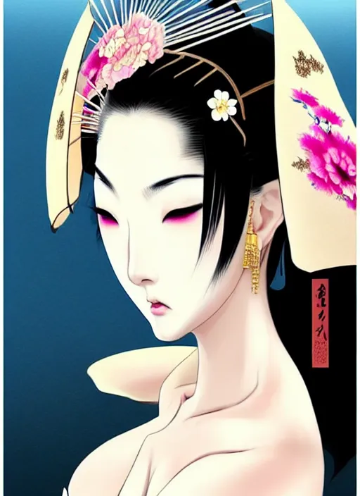 Prompt: glamorous and sexy Geisha, beautiful pale makeup, pearlescent skin, seductive eyes and face, elegant japanese woman, lacivious pose, very detailed face, seductive, sexy push up bras, pale and coloured kimono, ancient japanese temple on the background, photorealism. anime masterpiece, attractive eye official fanart behance hd artstation by Jesper Ejsing, by RHADS, Makoto Shinkai and Lois van baarle, ilya kuvshinov, rossdraws