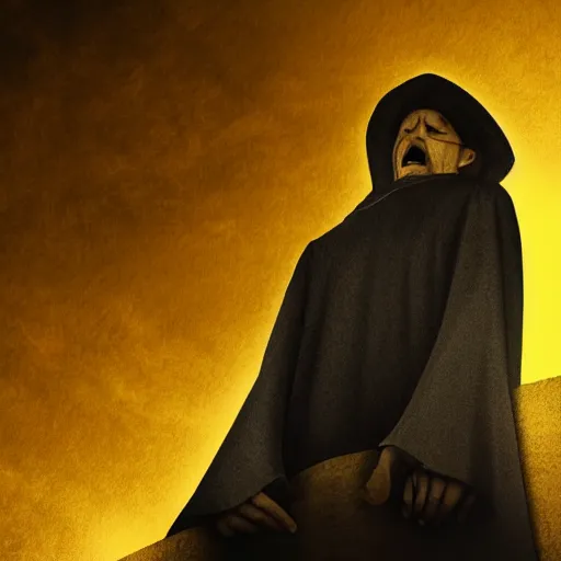 Image similar to Close-up of a terrified catholic priest in his thirties on the roof of a medieval tower watching in fear as an ominous yellow shadow descends upon him from the night sky. He is fervently praying but his eyes are wide open with fear. Low angle, dramatic lighting. Award-winning digital art, trending on ArtStation