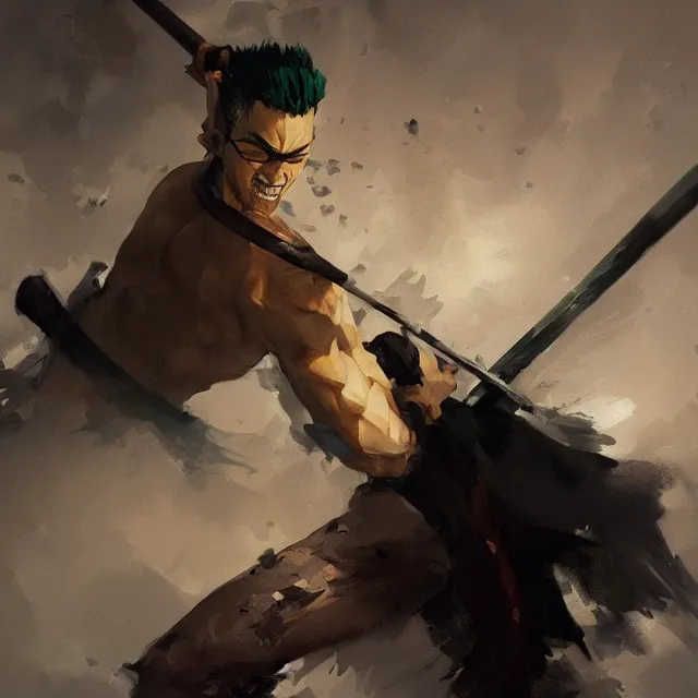 Prompt: a painting of roronoa zoro by greg rutkowski, dark fantasy art, high detail, trending on artstation