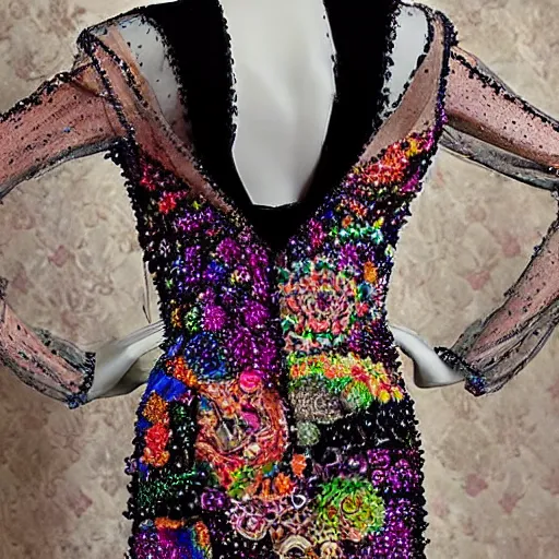 Prompt: royal evening hypersexual transparent dress made of multicolored stones and threads intricately intertwined patterns., black flowers from long scraps of fabric.. hyperrealistic - clear details, beautiful model. a masterpiece