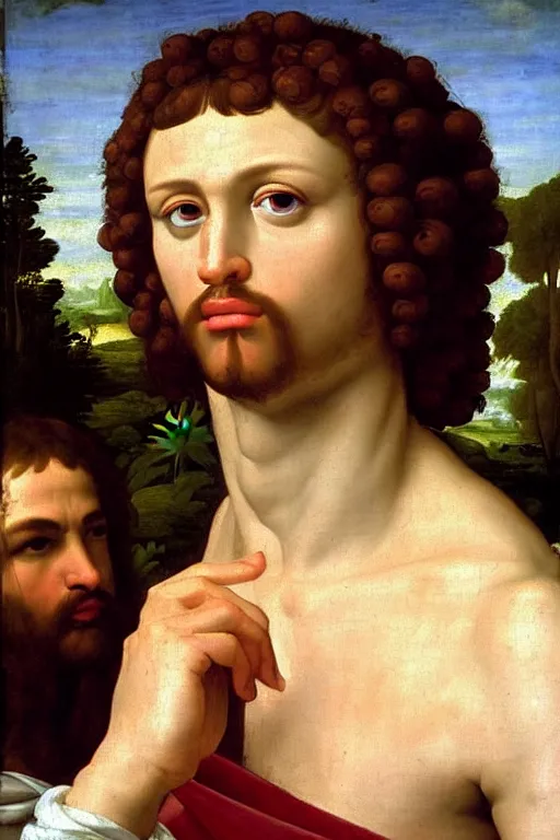 Image similar to renaissance painting of man, portrait, suspicious face closeup, emotions closeup, dressed in roman clothes, the beautiful garden with blueberries bushes everywhere, ultra detailed, art by guido reni style, vincenzo catena style