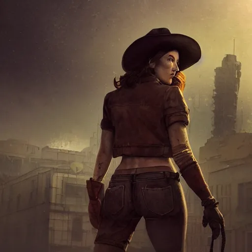 Image similar to fallout 5, charismatic beautiful, rugged, brunette female protagonist wearing a cowboy - hat, portrait, outdoors ruined cityscape, atmospheric lighting, painted, intricate, volumetric lighting, beautiful, daytime, clear weather, winter, sharp focus, deep colours, ultra detailed, by leesha hannigan, ross tran, thierry doizon, kai carpenter, ignacio fernandez rios