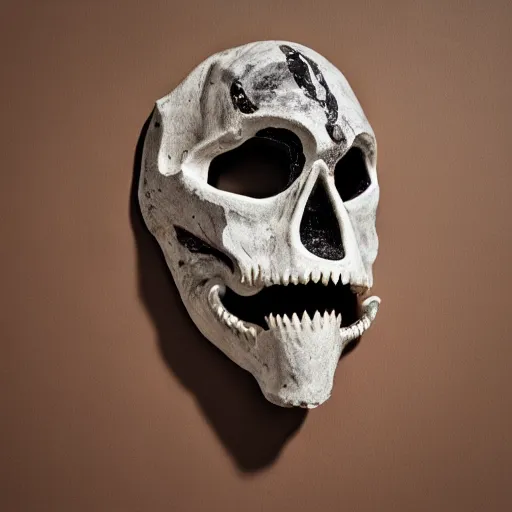 Image similar to symmetrical product photograph of a scary mask made from bone and obsidian, angry, cracked