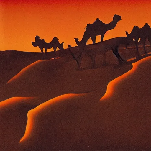 Prompt: 6 camels in the desert at night , richard corben