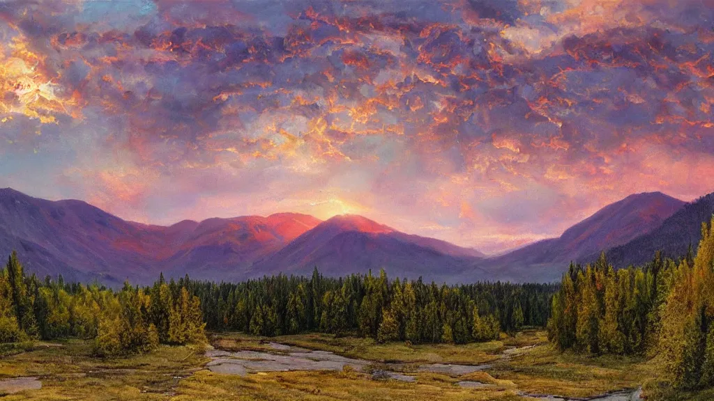 Image similar to The most beautiful panoramic landscape, oil painting, where the mountains are towering over the valley below their peaks shrouded in mist. The sun is just peeking over the horizon producing an awesome flare and the sky is ablaze with warm colors and mammatus clouds. The river is winding its way through the valley and the trees are starting to turn yellow and red, by Greg Rutkowski, aerial view