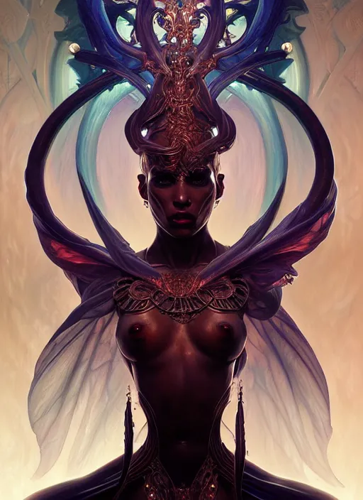 Image similar to demon dancer of the underworld, intricate, shiny, elegant, higly detailed, ultra definition, digital painting, artstation, unreal engine rendered, concept art, smooth, high speed, illustration, art by artgerm and greg rutkowski and alphonse mucha and james jean