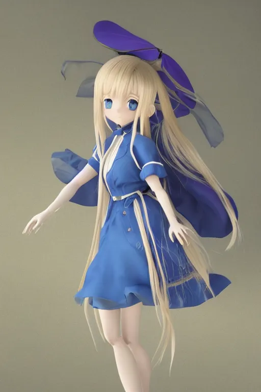 Prompt: full body 3d render of a blue eyes, blonde long hair, french braids, violet evergarden as an anime doll, blue-white dress, blender, trending on artstation, 8k, highly detailed, bokeh, depth of field