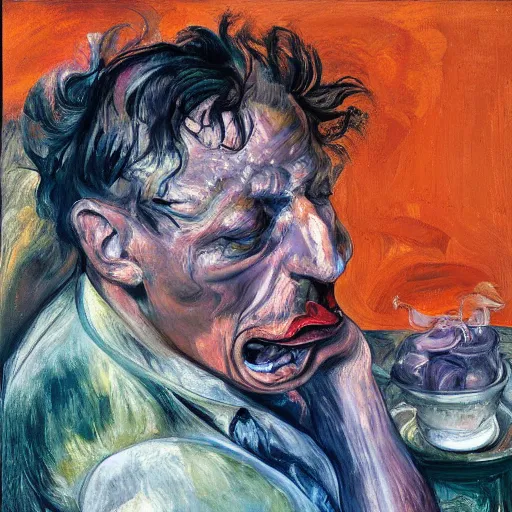 Image similar to high quality high detail expressionist painting of a man in agony by lucian freud and jenny saville and francis bacon and francisco goya and edvard munch, hd, anxiety, seated at table crying and screaming, turquoise and purple and orange and pink