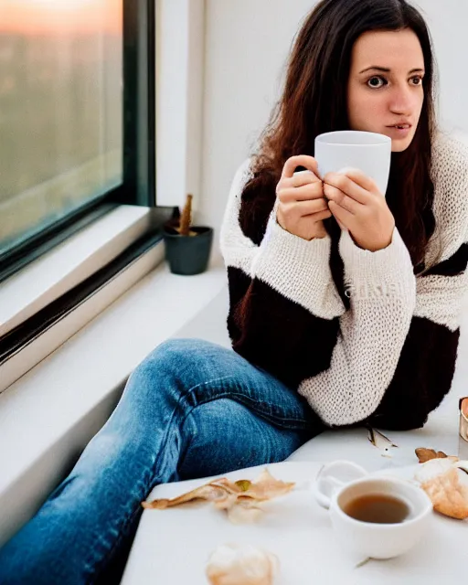 Image similar to photograph of a pretty french girl with dark hair, wearing a loose oversized white sweater, cuddled up by a windowsill sipping a mug of tea during sunset. Shot in the style of Annie Leibovitz for a fashion lookbook in 2018, Sigma 1.6, 50mm, bokeh, cinematic lighting, high detail, tack sharp focus, award winning.