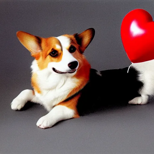 Image similar to a corgi with a heart shaped balloon, high quality, sharp focus, photo by annie leibovitz