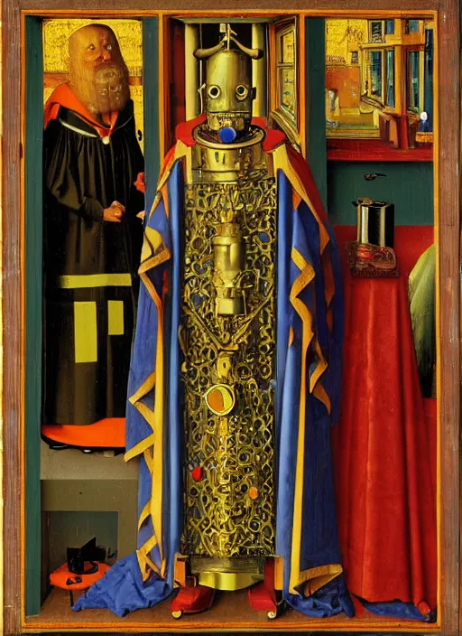 Image similar to a robot priest by Jan van Eyck