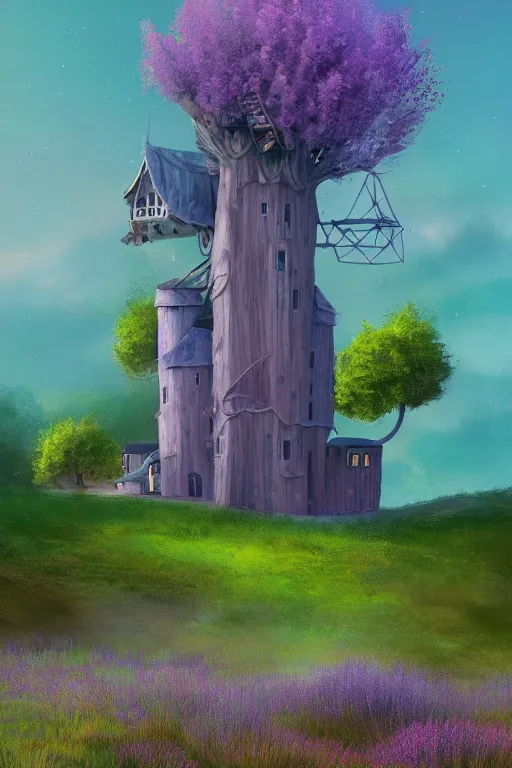 Prompt: beautiful digital matter cinematic painting of whimsical tall house, fox, green hills with lavender heather bushes, whimsical scene bygreg rutkowki artstation