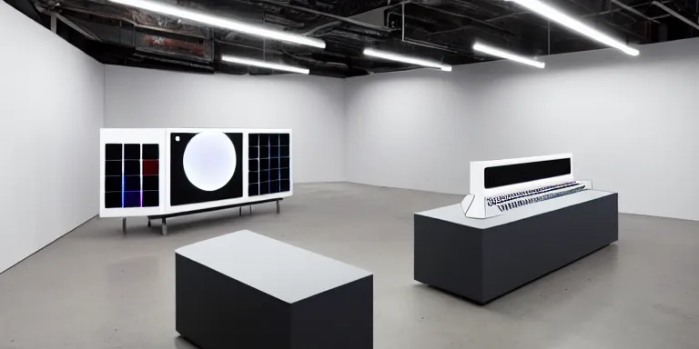 Prompt: dezeen showroom, minimalissimo, archdaily,, teenage engineering moad, mother of all decks, product design concept, product shot of moog melotron synthesizer with ipad screens with gradients designed by jony ives, dieter rams, tom sachs, patricia urquiola, 8 k, highly detailed photo