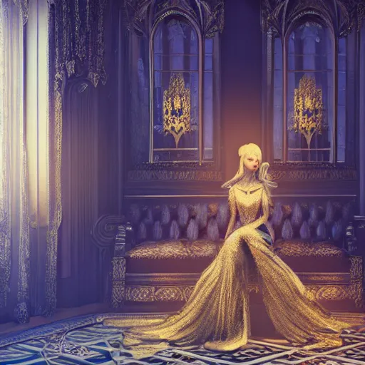 Image similar to an incredibly beautiful and elegant woman covered in intricate gold leaf detail in a gothic hotel room with soft indirect lighting, an ultrafine detailed illustration by victoria frances, final fantasy, cinematic colors, behance contest winner, unreal engine 5 highly rendered, global illumination, radiant light, detailed and intricate environment