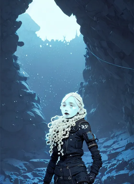 Image similar to highly detailed portrait of a hopeful frostpunk long blonde hair lady with robotic limbs, stray wiring by atey ghailan, james gilleard, by joe fenton, by greg rutkowski, by greg tocchini, by kaethe butcher, 4 k resolution, gradient blue, black and white color scheme!!! ( ( glacier cave background ) )