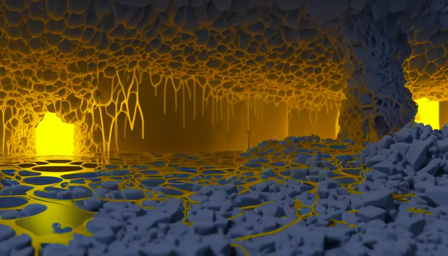 Image similar to liquid nitrogen with yellow water-cooling coolant flowing through latent representations of dark ice caverns undergoing centrifugal forces, illuminated by computer circuitry sticking out the walls, high detail, high contrast, low-poly elements, 90s low poly render, 4k upscaling