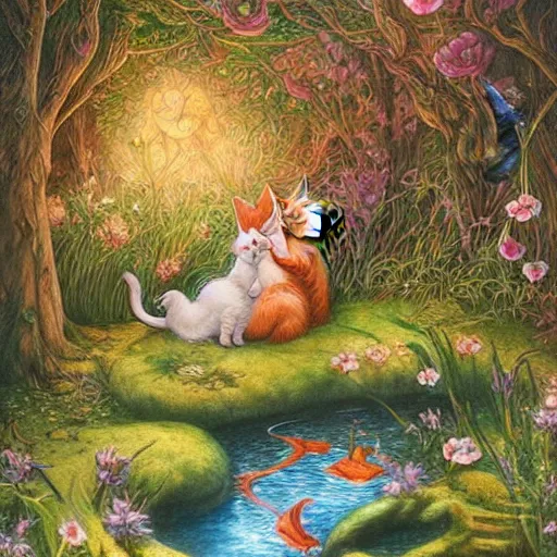 Image similar to two kittens in the enchanted forest watching the goldfish in the stream, fantasy, intricate, extremely detailed, matte, artstation, art by artgerm, louis wain