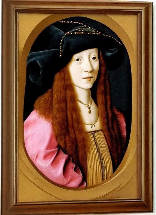 Prompt: portrait young woman young woman in renaissance dress and hat, art by jan van eyck,