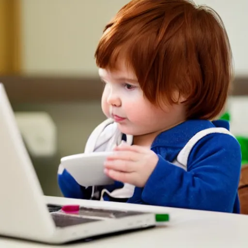 Prompt: toddler with short reddish-brown hair at a desktop computer