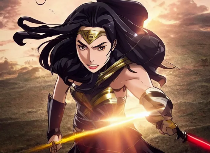 Image similar to gal gadot flying screenshot from demon slayer 鬼滅の刃 anime gal gadot